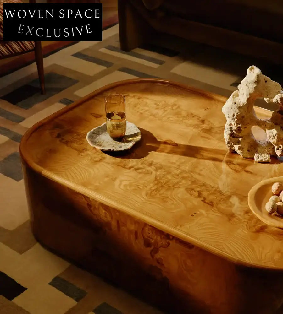 Nordic Modern Luxury Wood Coffee Table, Olive Ash Burl Living Room Centerpiece