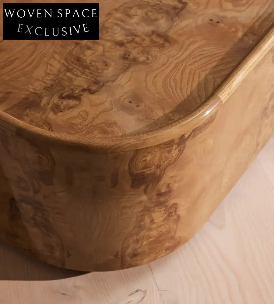 Nordic Modern Luxury Wood Coffee Table, Olive Ash Burl Living Room Centerpiece