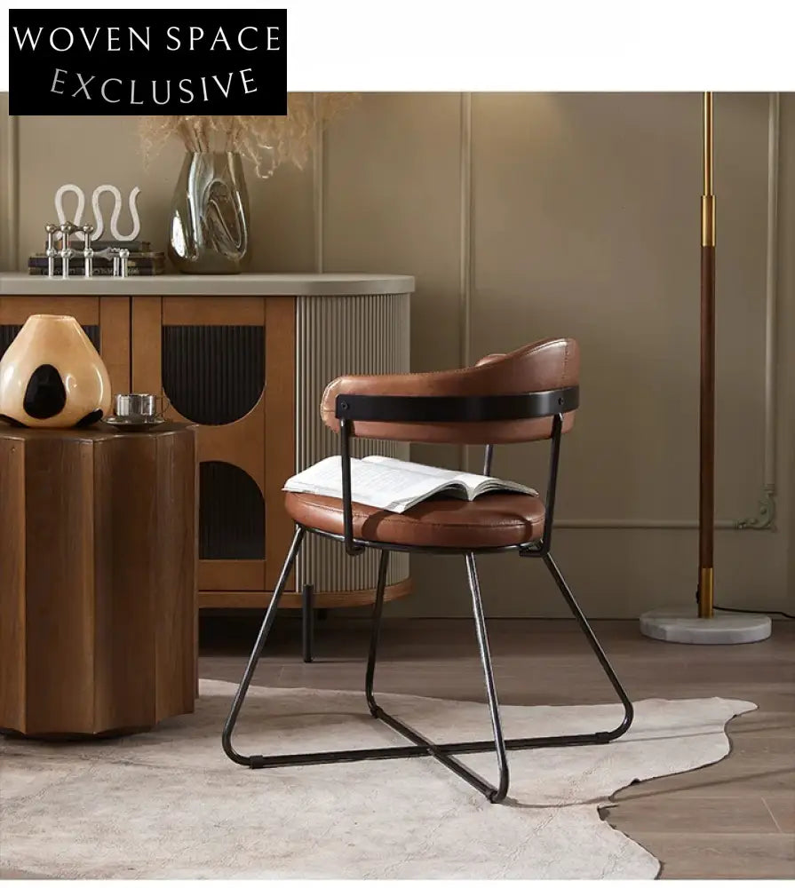 Nordic medieval style leather round chair iron creative dining chair industrial style designer retro backrest study