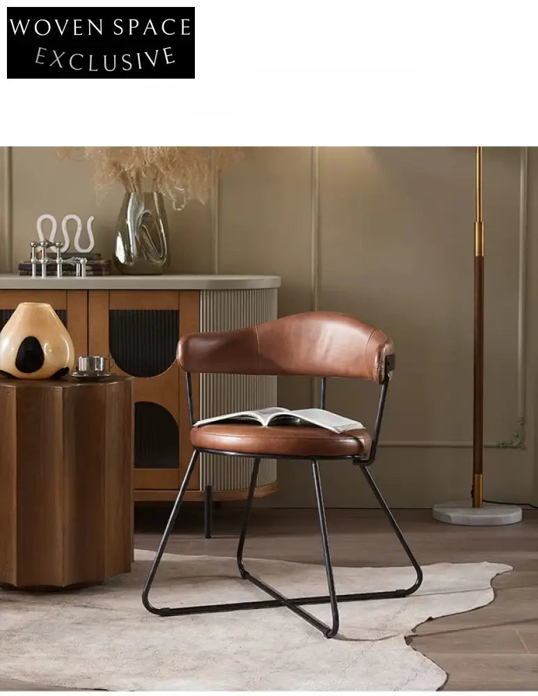 Nordic medieval style leather round chair iron creative dining chair industrial style designer retro backrest study