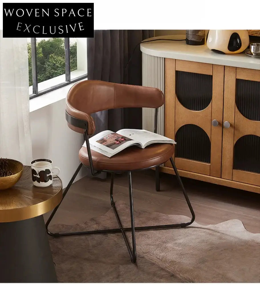 Nordic medieval style leather round chair iron creative dining chair industrial style designer retro backrest study