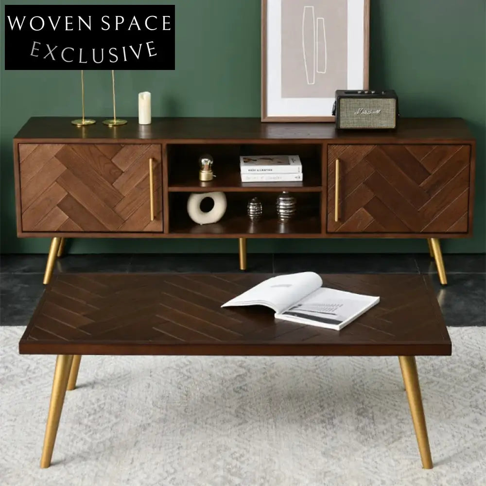 Nordic Minimalist Walnut Wood Media Console with Metal Legs Storage TV Stand