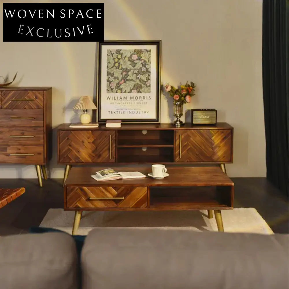 Nordic Minimalist Walnut Wood Media Console with Metal Legs Storage TV Stand