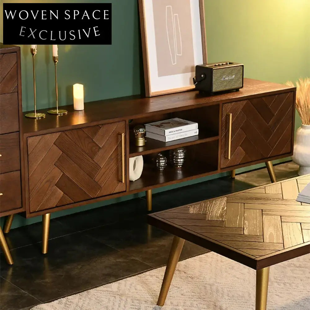 Nordic Minimalist Walnut Wood Media Console with Metal Legs Storage TV Stand