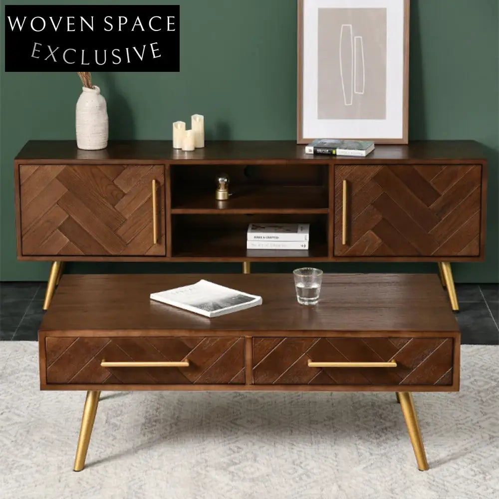 Nordic Minimalist Walnut Wood Media Console with Metal Legs Storage TV Stand