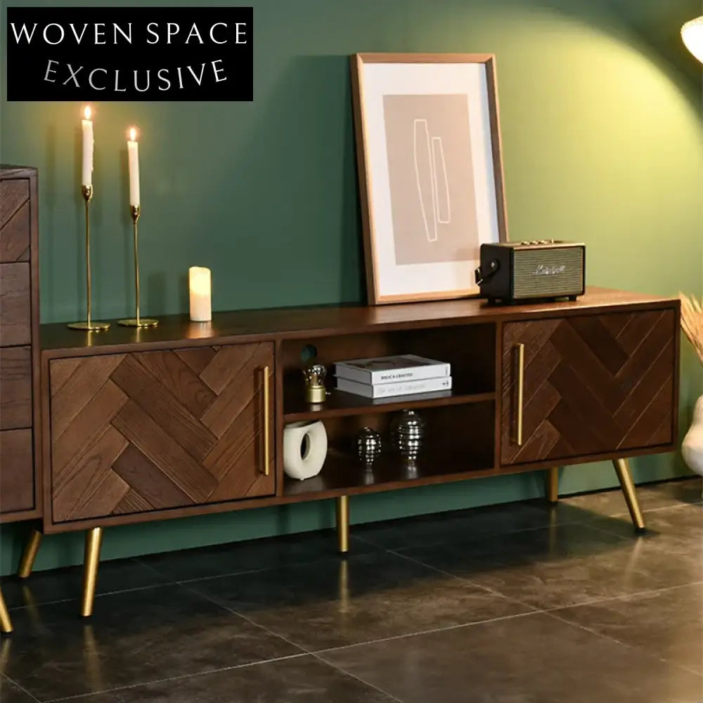 Nordic Minimalist Walnut Wood Media Console with Metal Legs Storage TV Stand