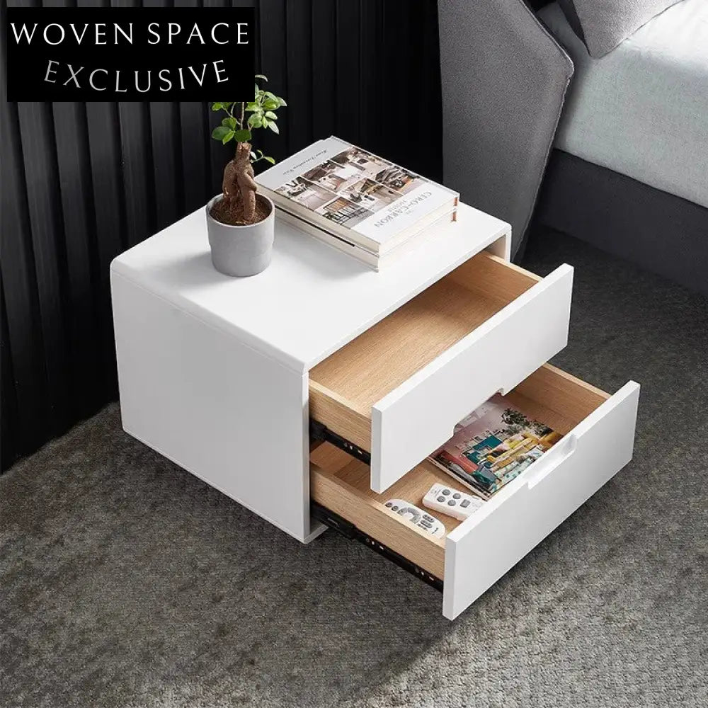 Nordic Minimalist White Square 2-Drawer Nightstand Cabinet for Bedroom Storage
