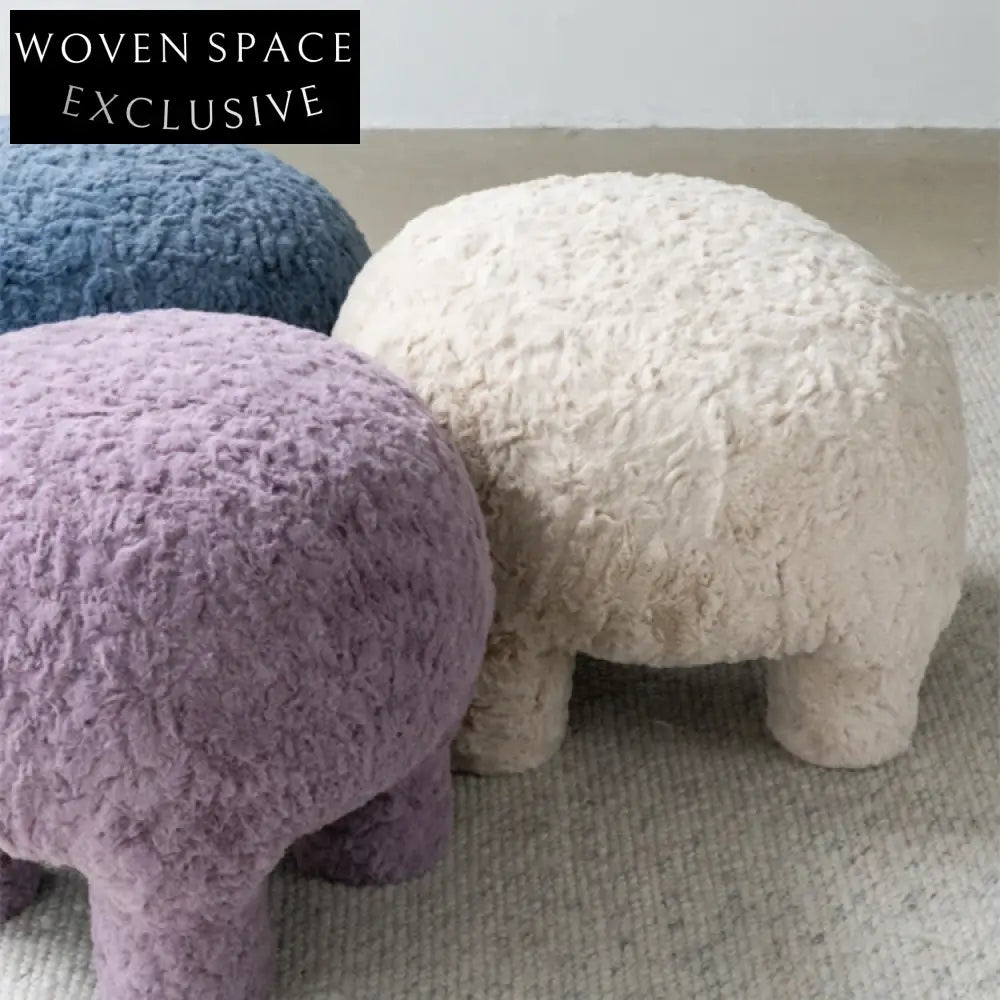 Nordic Modern Cube Fur Stool, Round Small Ottoman with 4 Wooden Legs