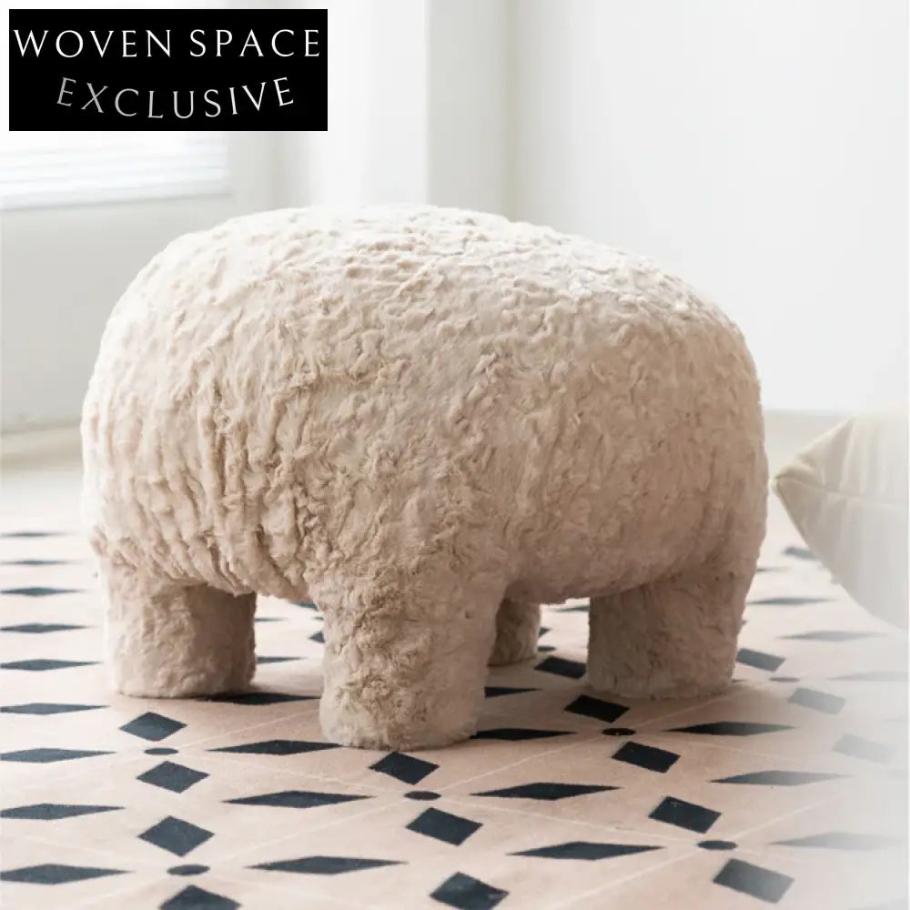 Nordic Modern Cube Fur Stool, Round Small Ottoman with 4 Wooden Legs