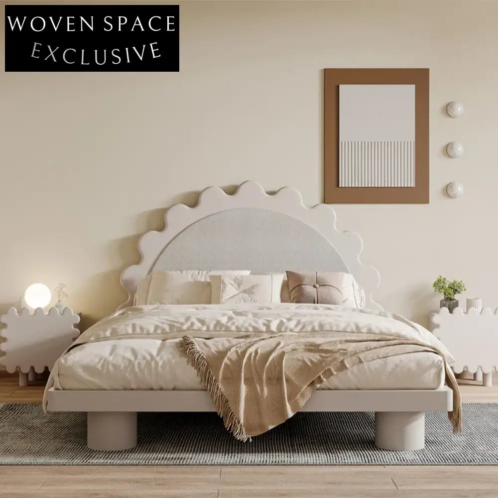 Nordic Modern Double Bed Frame with Unique Petal Gear Wheel Headboard