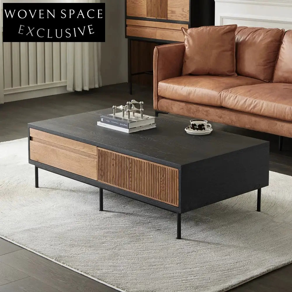 Nordic modern retro solid wood coffee table Wabi-sabi style black designer oak small apartment storage drawer tea table