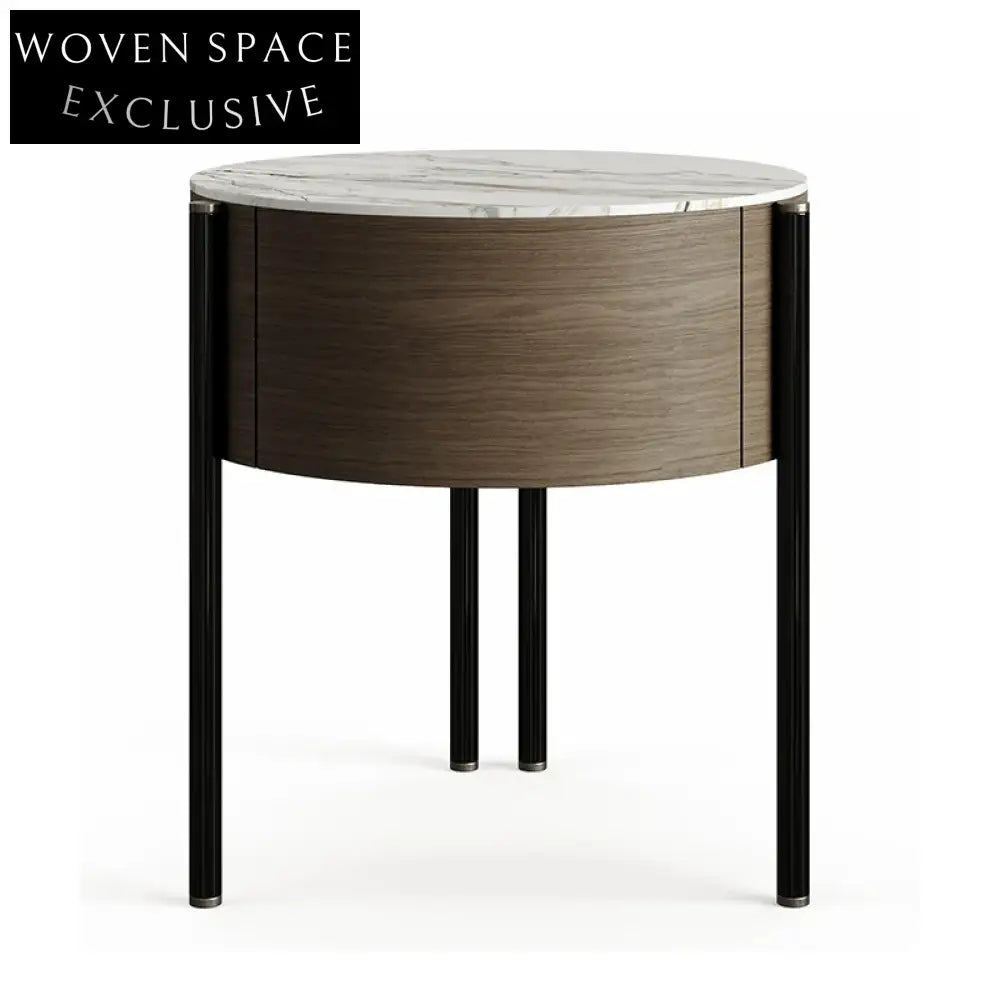 Nordic Modern Round Solid Wood Nightstand with Slate Top Bedside Table