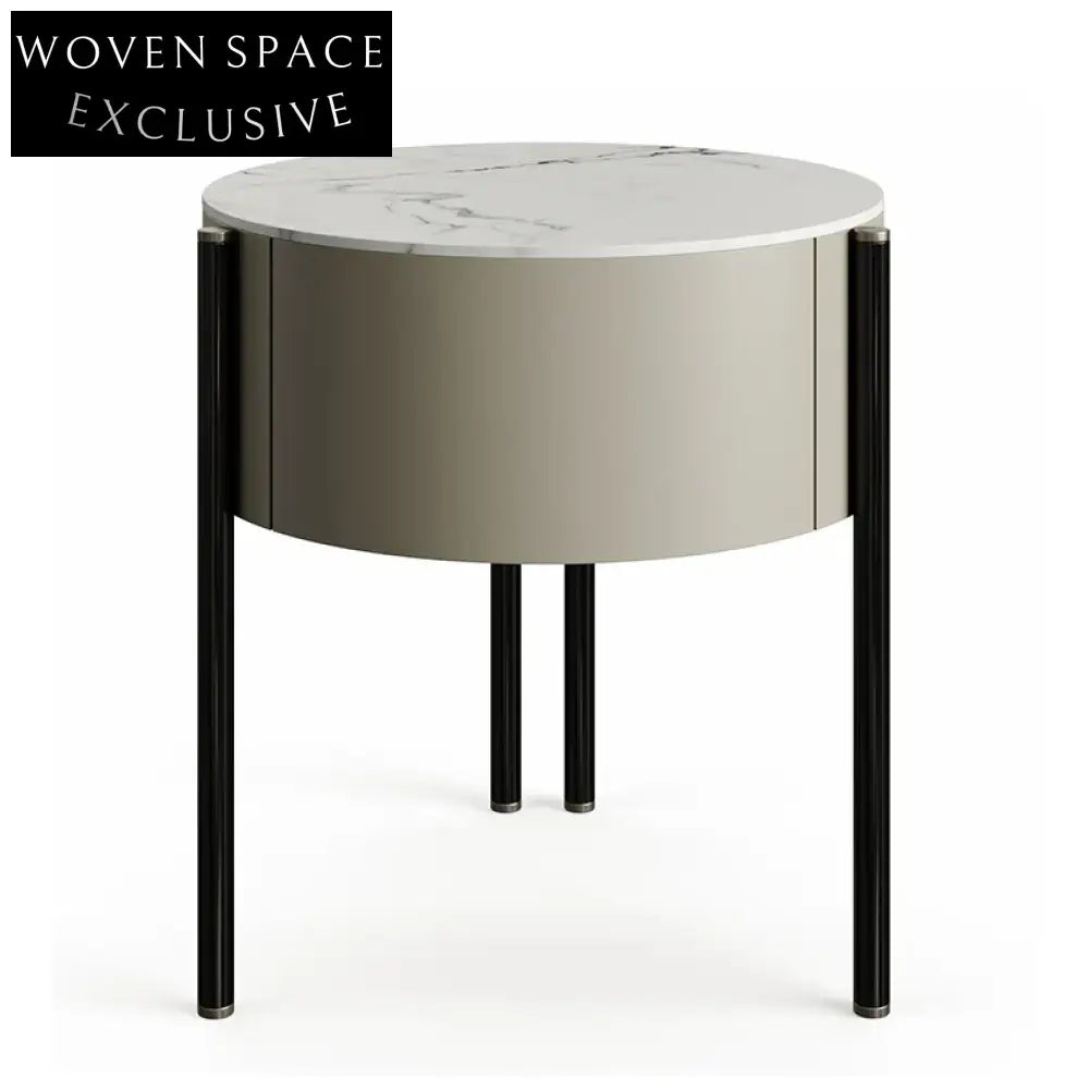 Nordic Modern Round Solid Wood Nightstand with Slate Top Bedside Table