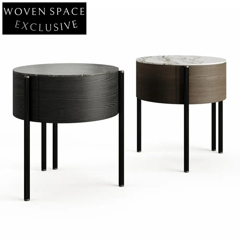 Nordic Modern Round Top Solid Wood Slate Night Stand for Bedroom