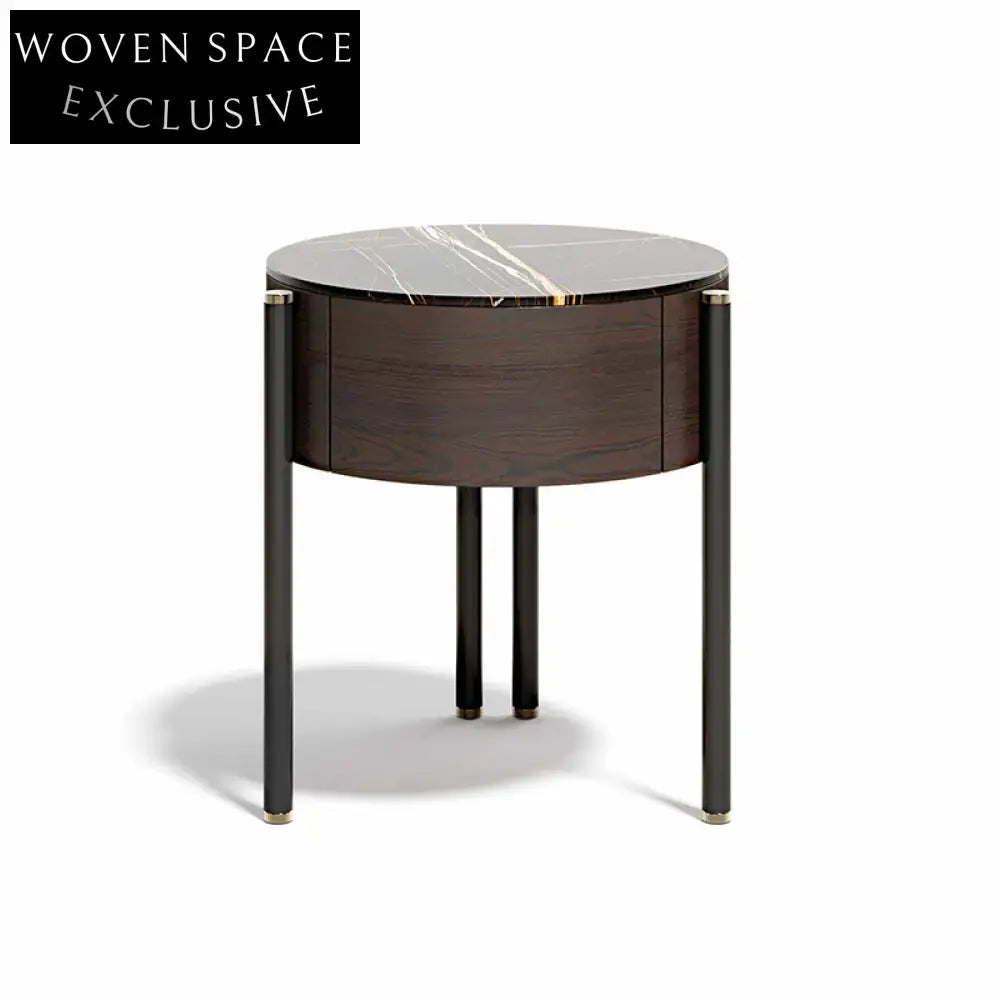 Nordic Modern Round Top Solid Wood Slate Night Stand for Bedroom