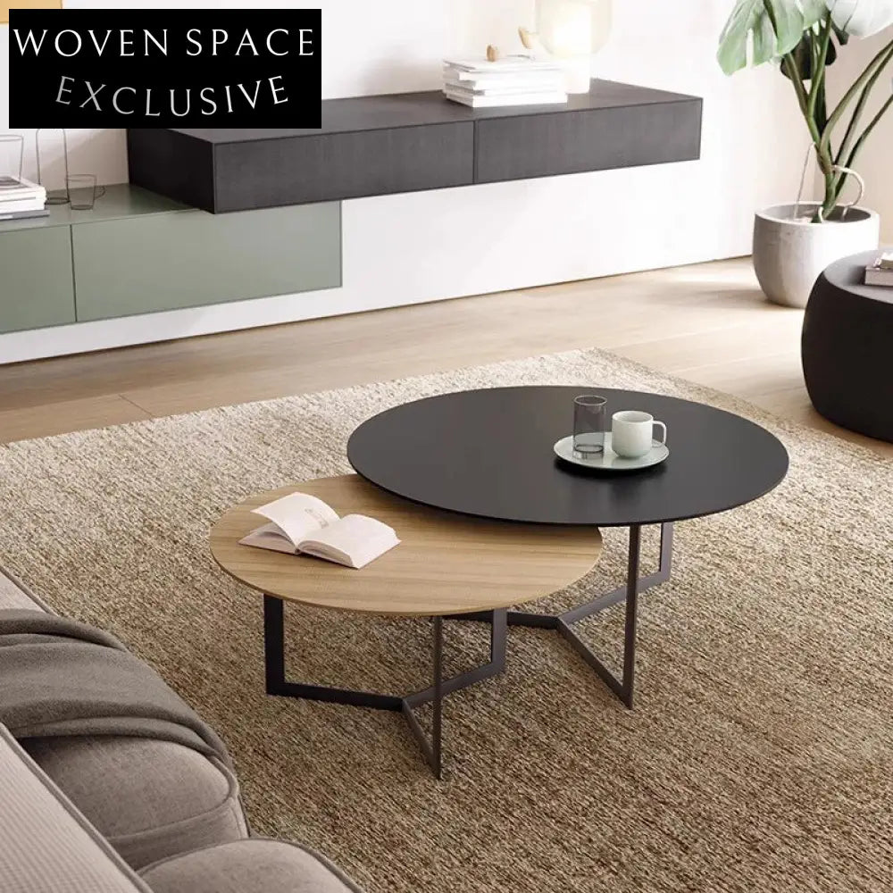 Nordic Modern Round Wood Coffee Table with Sturdy Metal Base Design