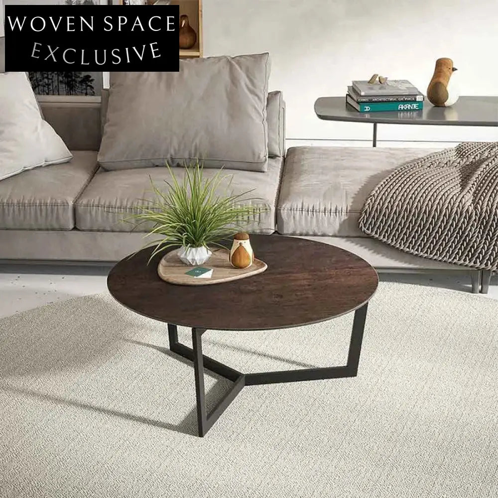 Nordic Modern Round Wood Coffee Table with Sturdy Metal Base Design