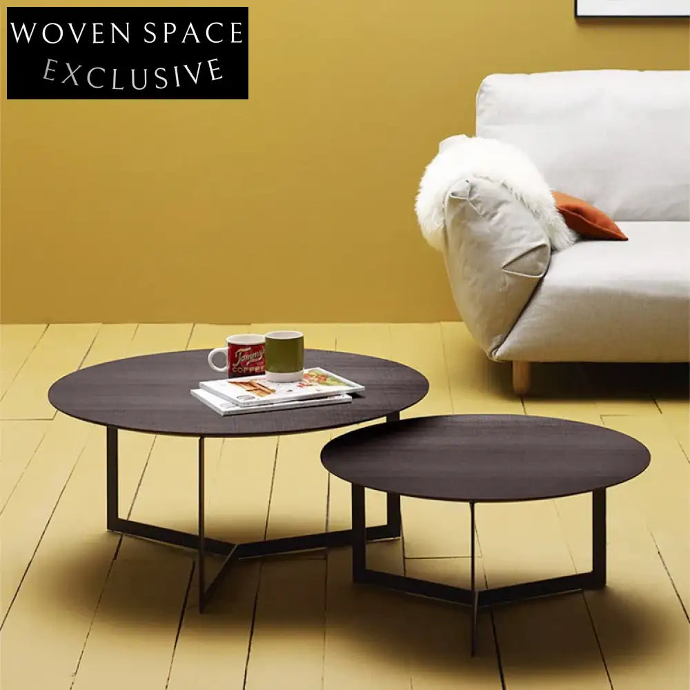 Nordic Modern Round Wood Coffee Table with Sturdy Metal Base Design