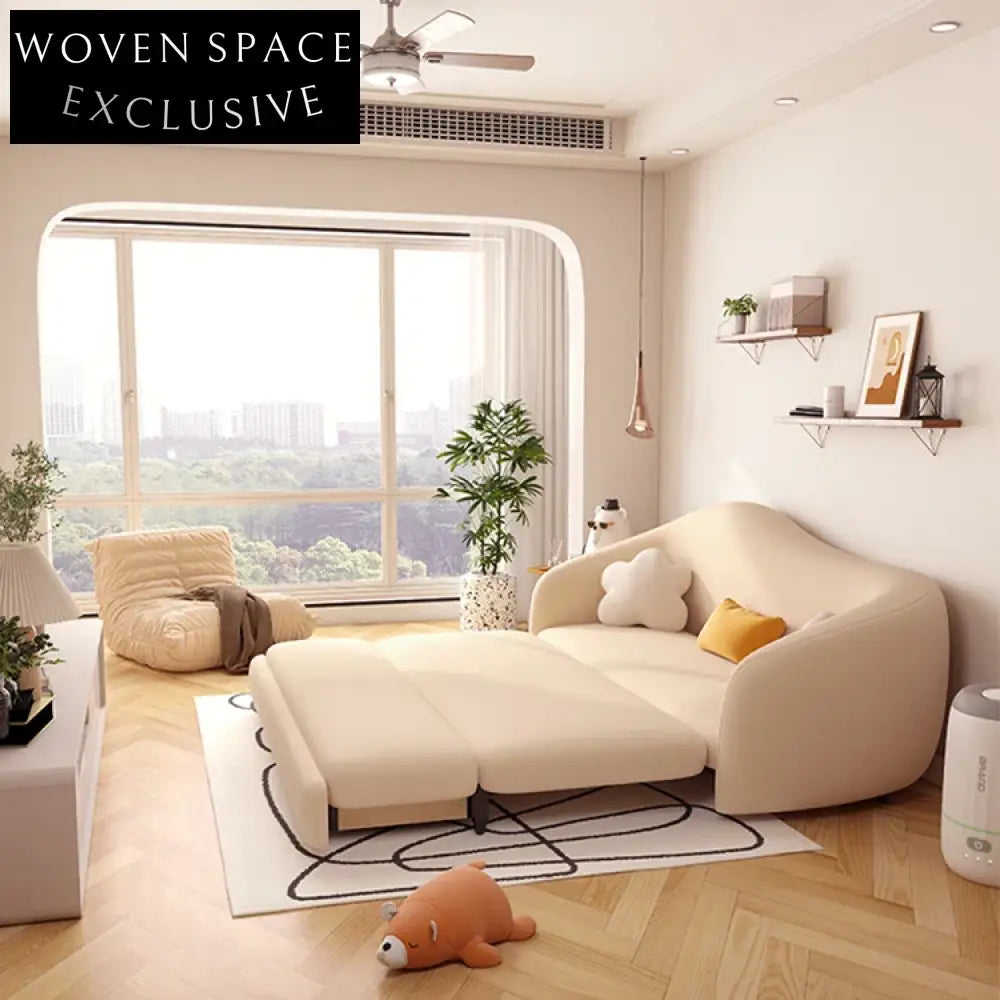 Nordic Modern Solid Wood Frame Fabric Folding Convertible Sleeper Sofa Bed