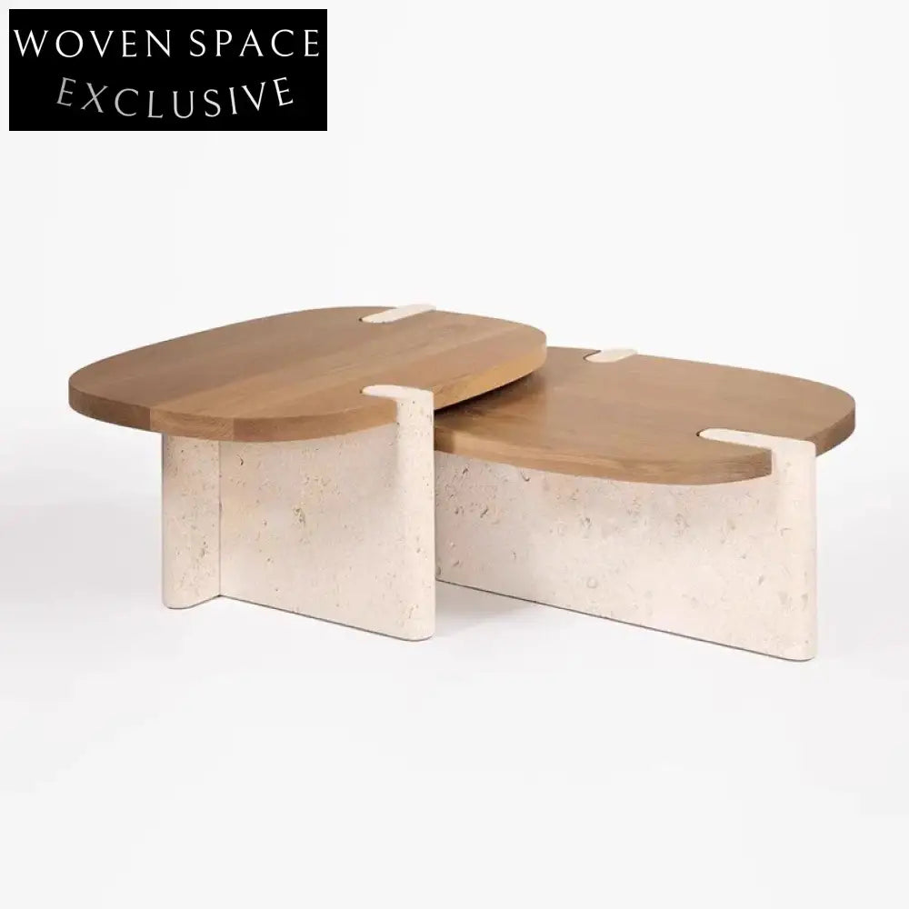 Nordic Modern Solid Wood Top Travertine Base Living Room Accent Coffee Table