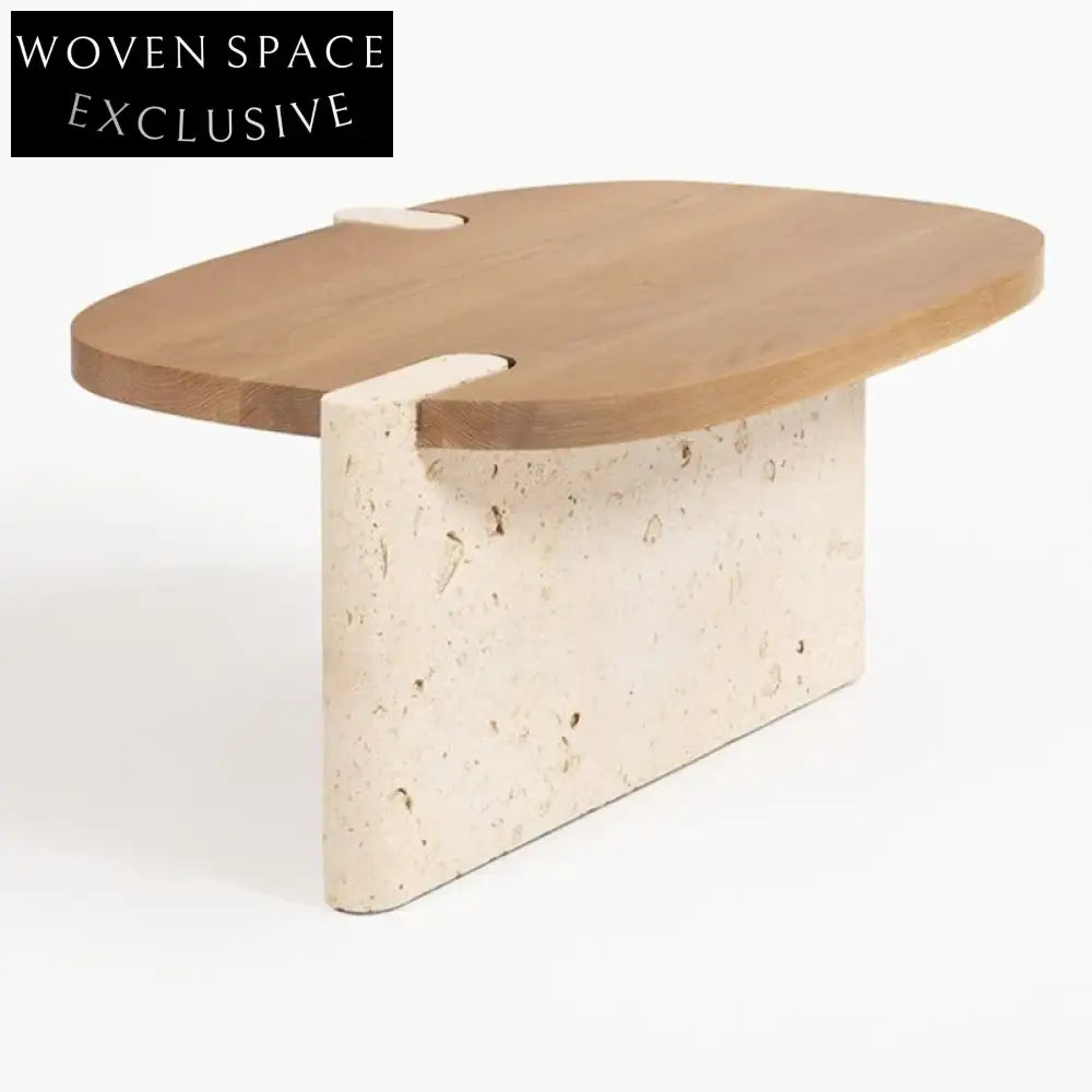 Nordic Modern Solid Wood Top Travertine Base Living Room Accent Coffee Table