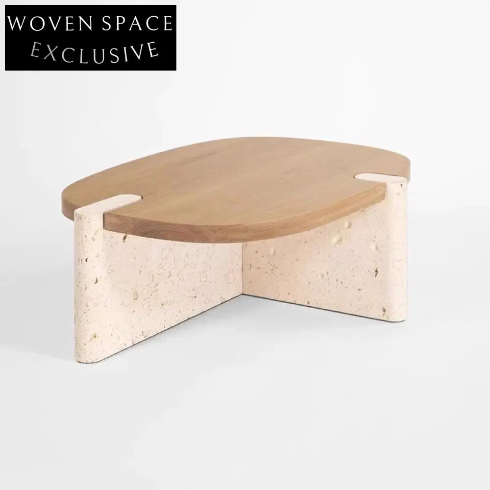 Nordic Modern Solid Wood Top Travertine Base Living Room Accent Coffee Table