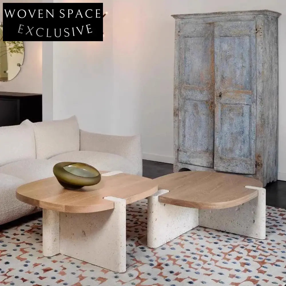 Nordic Modern Solid Wood Top Travertine Base Living Room Accent Coffee Table