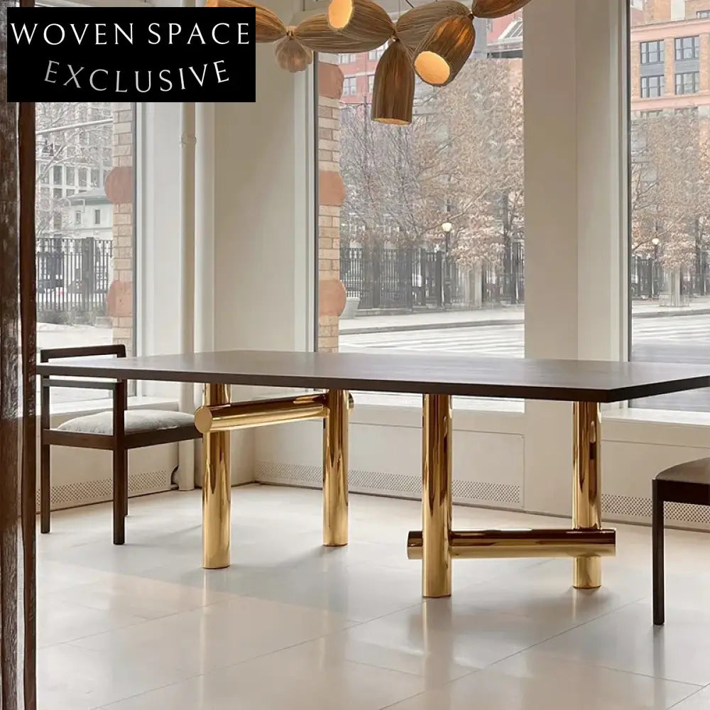 Nordic Modern Stainless Steel Frame Wood Top Rectangle Round Dining Table for Home