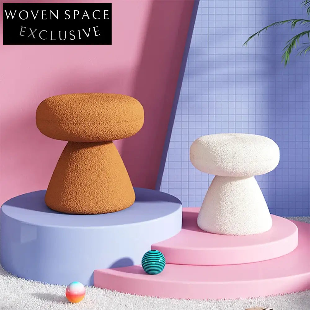 Nordic Modern Teddy Fabric Ottoman Stool with Metal Base for Living Room Entryway