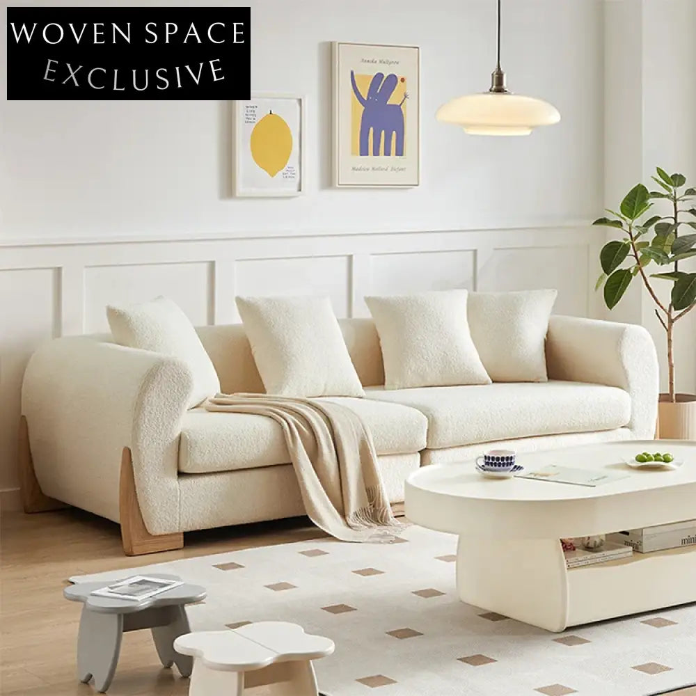 Nordic Modern White Teddy Fabric Double Sofa with Solid Wood Base