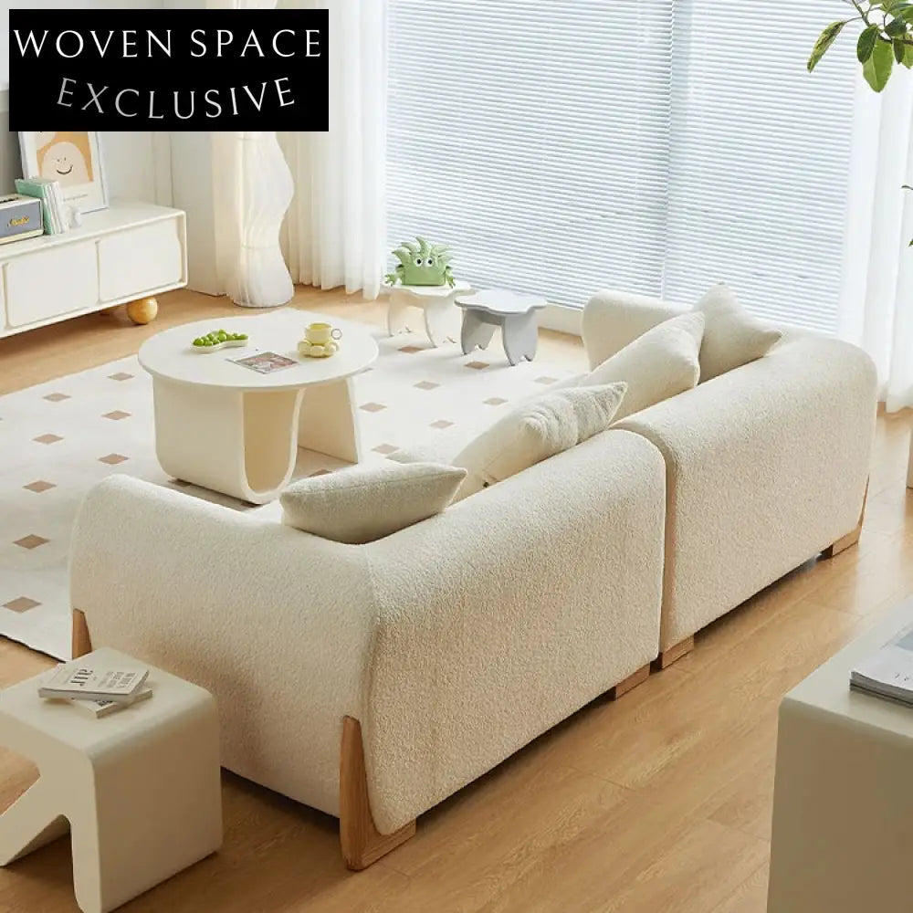 Nordic Modern White Teddy Fabric Double Sofa with Solid Wood Base