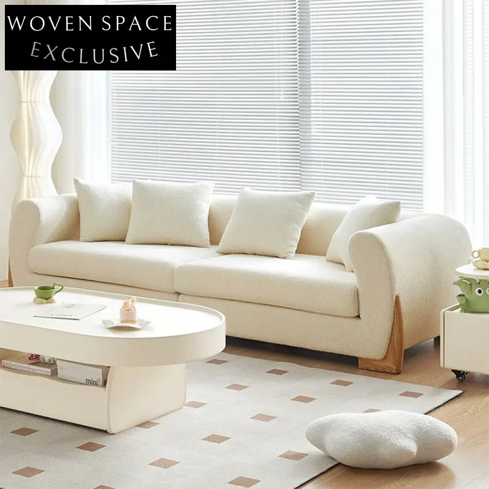 Nordic Modern White Teddy Fabric Double Sofa with Solid Wood Base
