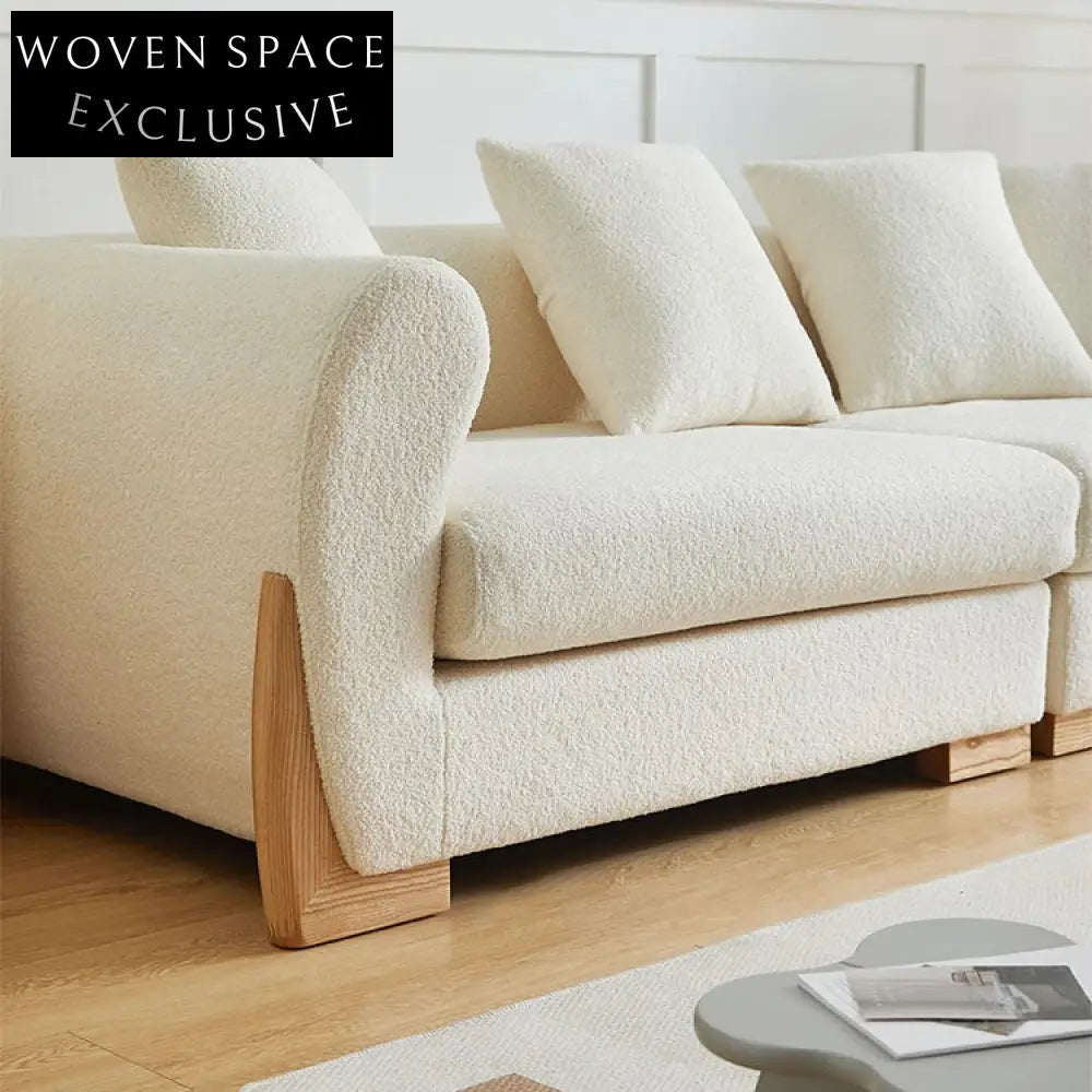 Nordic Modern White Teddy Fabric Double Sofa with Solid Wood Base