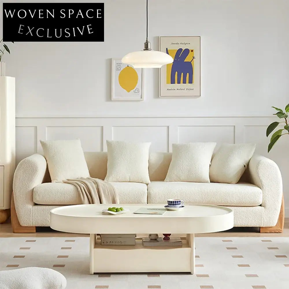 Nordic Modern White Teddy Fabric Double Sofa with Solid Wood Base
