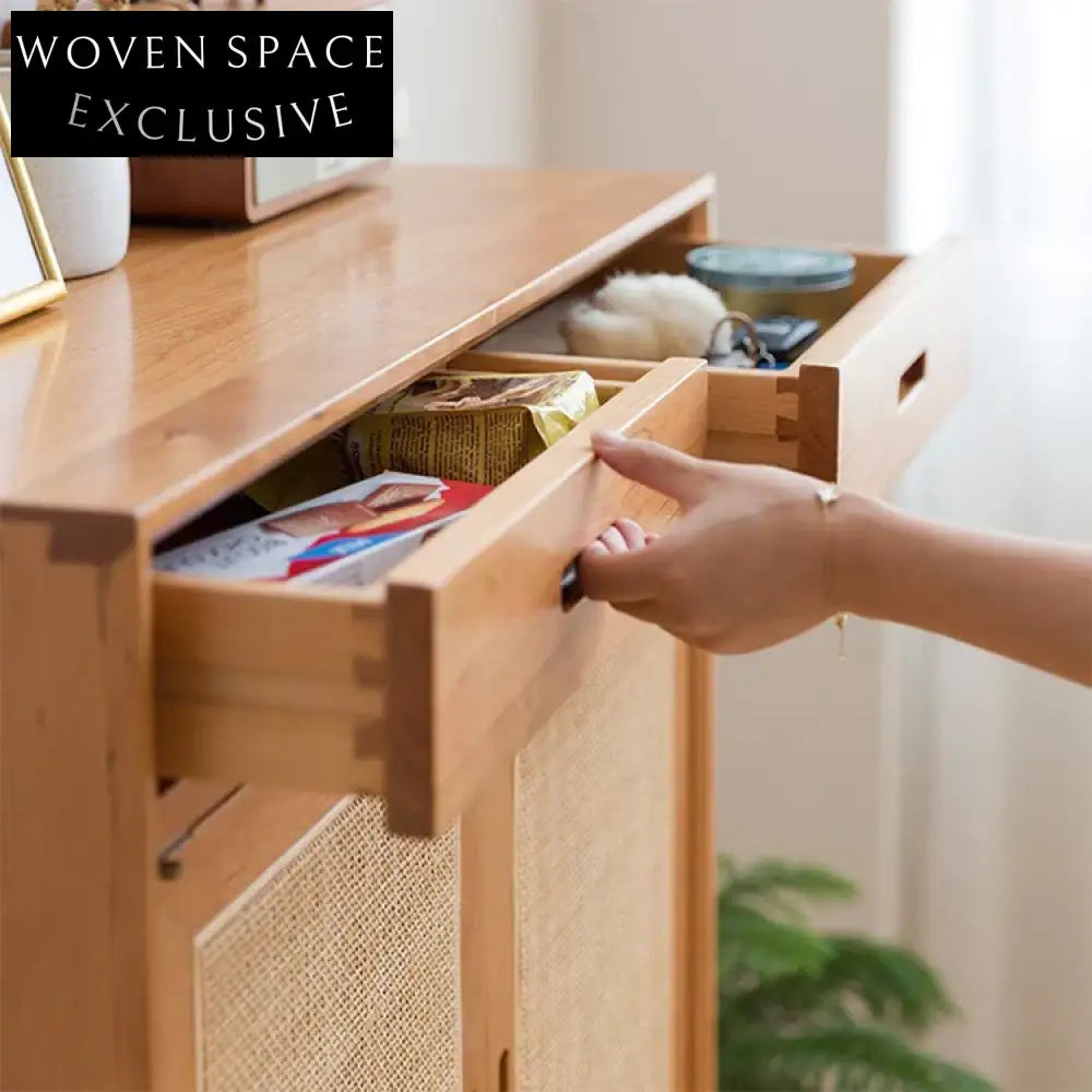 Nordic Modern Wooden Rattan Shoe Storage Side Cabinet for Living Room