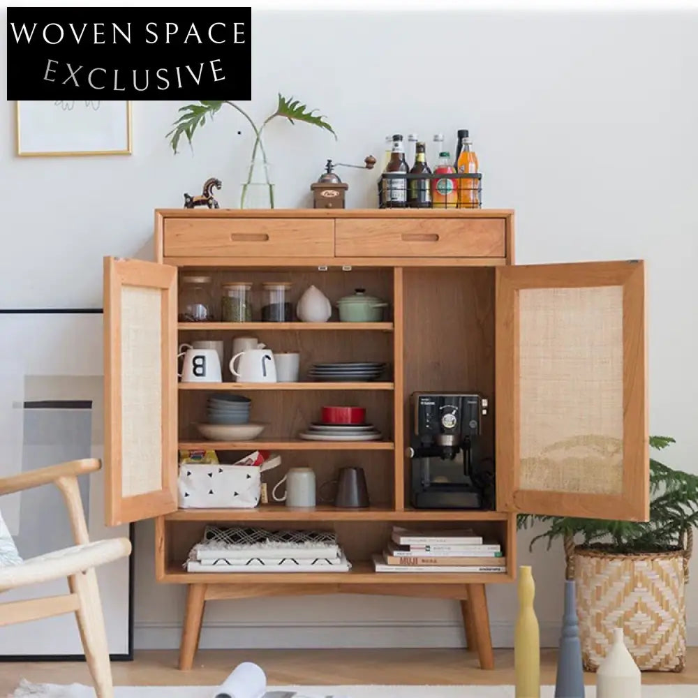 Nordic Modern Wooden Rattan Shoe Storage Side Cabinet for Living Room