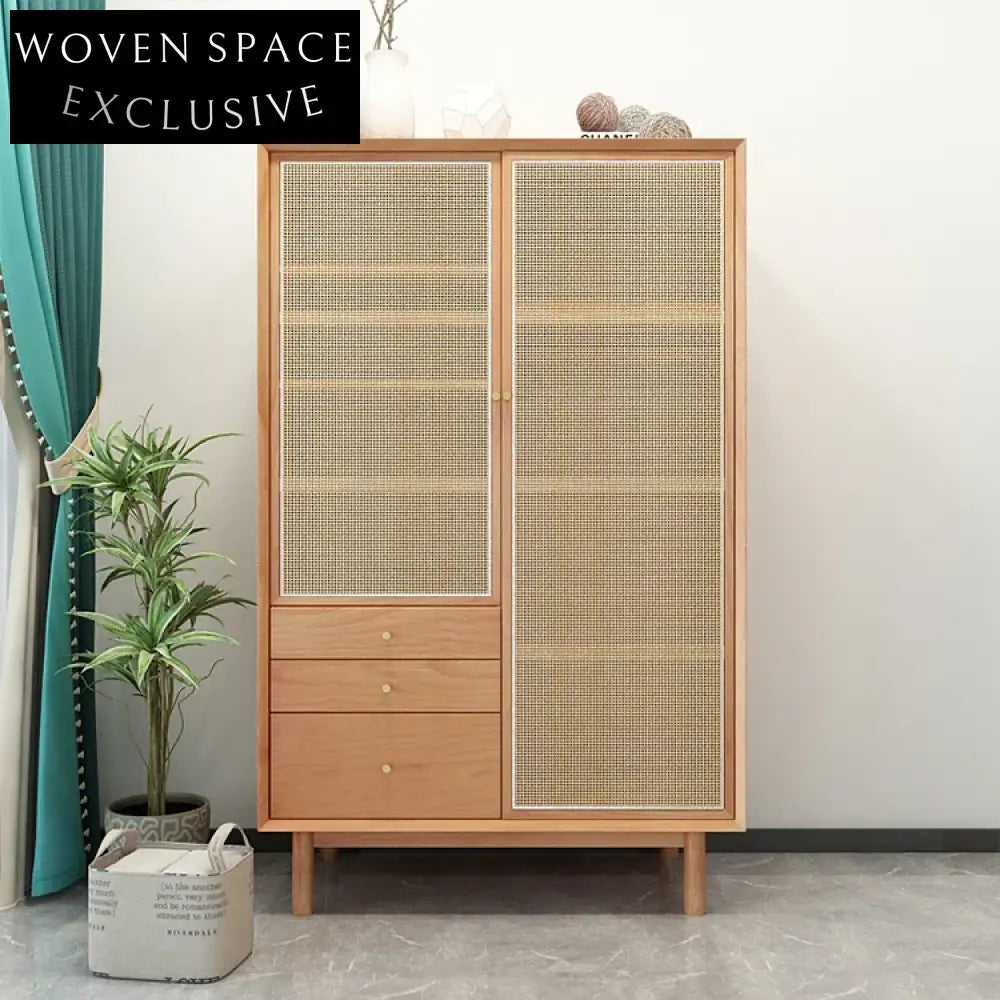 Nordic Rattan Solid Wood Double Door Modern Bedroom Wardrobe Cabinet