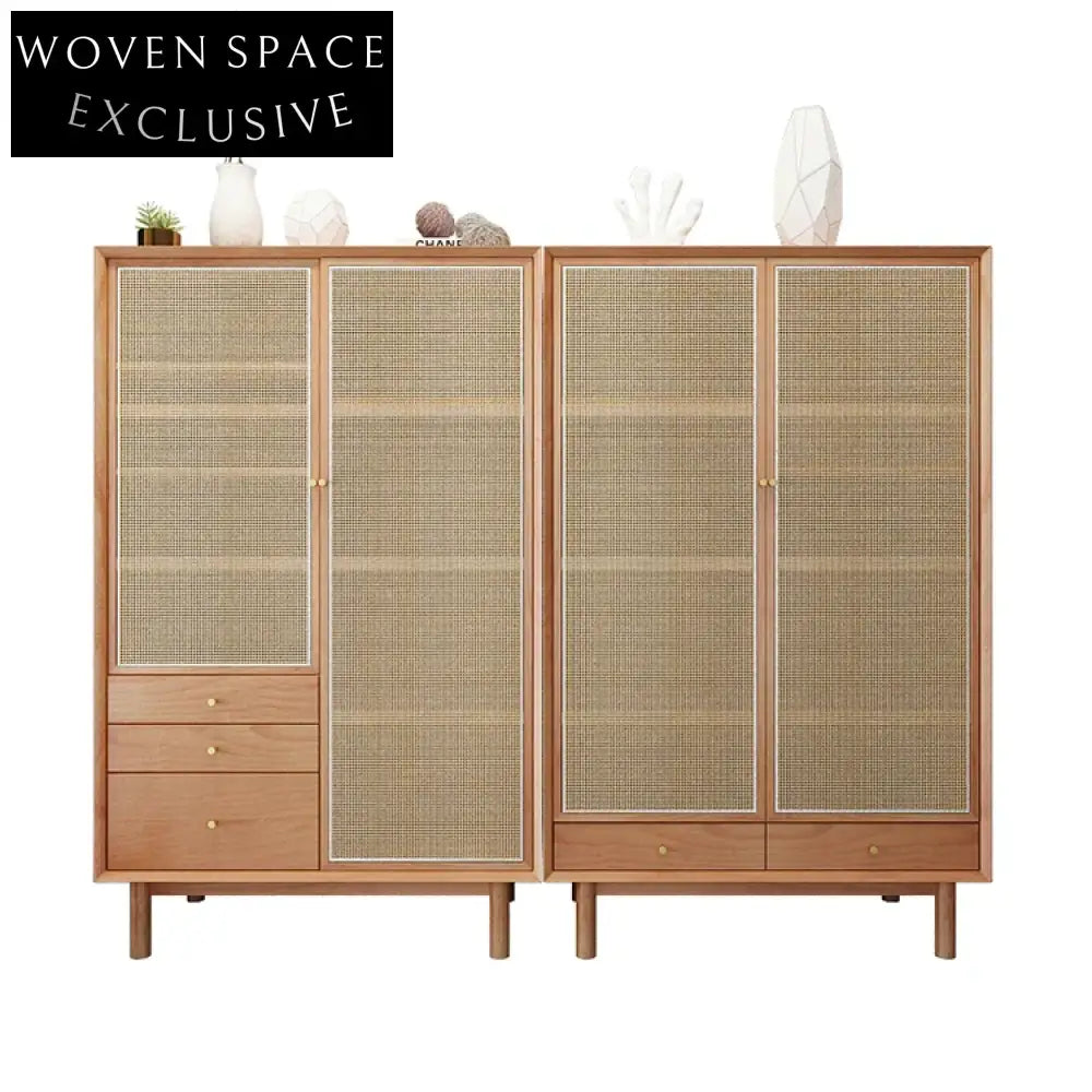 Nordic Rattan Solid Wood Double Door Modern Bedroom Wardrobe Cabinet