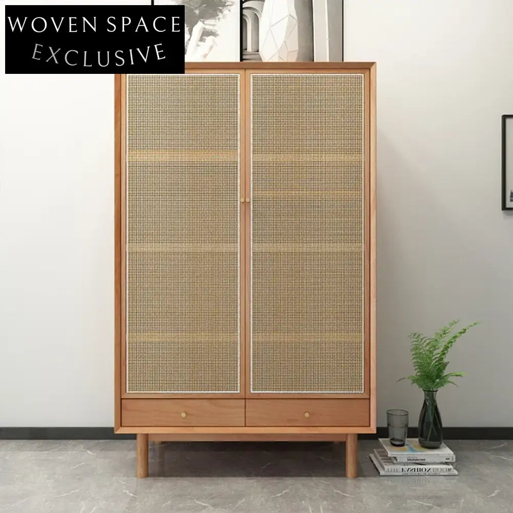 Nordic Rattan Solid Wood Double Door Modern Bedroom Wardrobe Cabinet