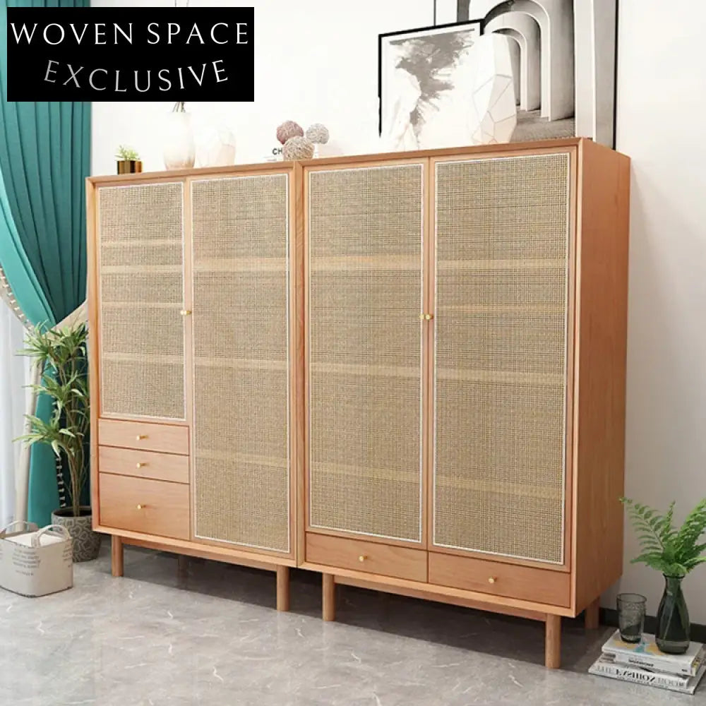 Nordic Rattan Solid Wood Double Door Modern Bedroom Wardrobe Cabinet