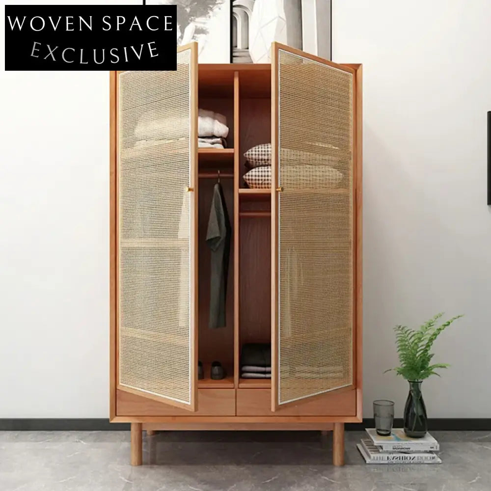 Nordic Rattan Solid Wood Double Door Modern Bedroom Wardrobe Cabinet
