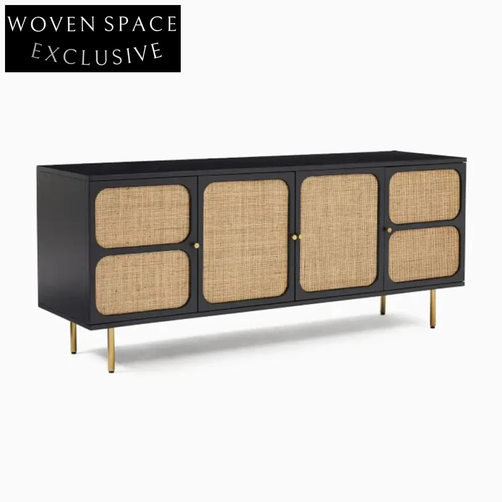 Nordic Rattan Solid Wood Sideboard TV Stand with 4 Doors for Living Room