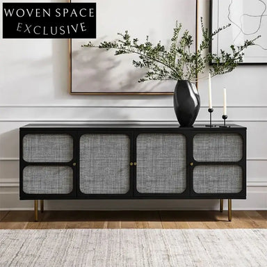 Nordic Rattan Solid Wood Sideboard TV Stand with 4 Doors for Living Room