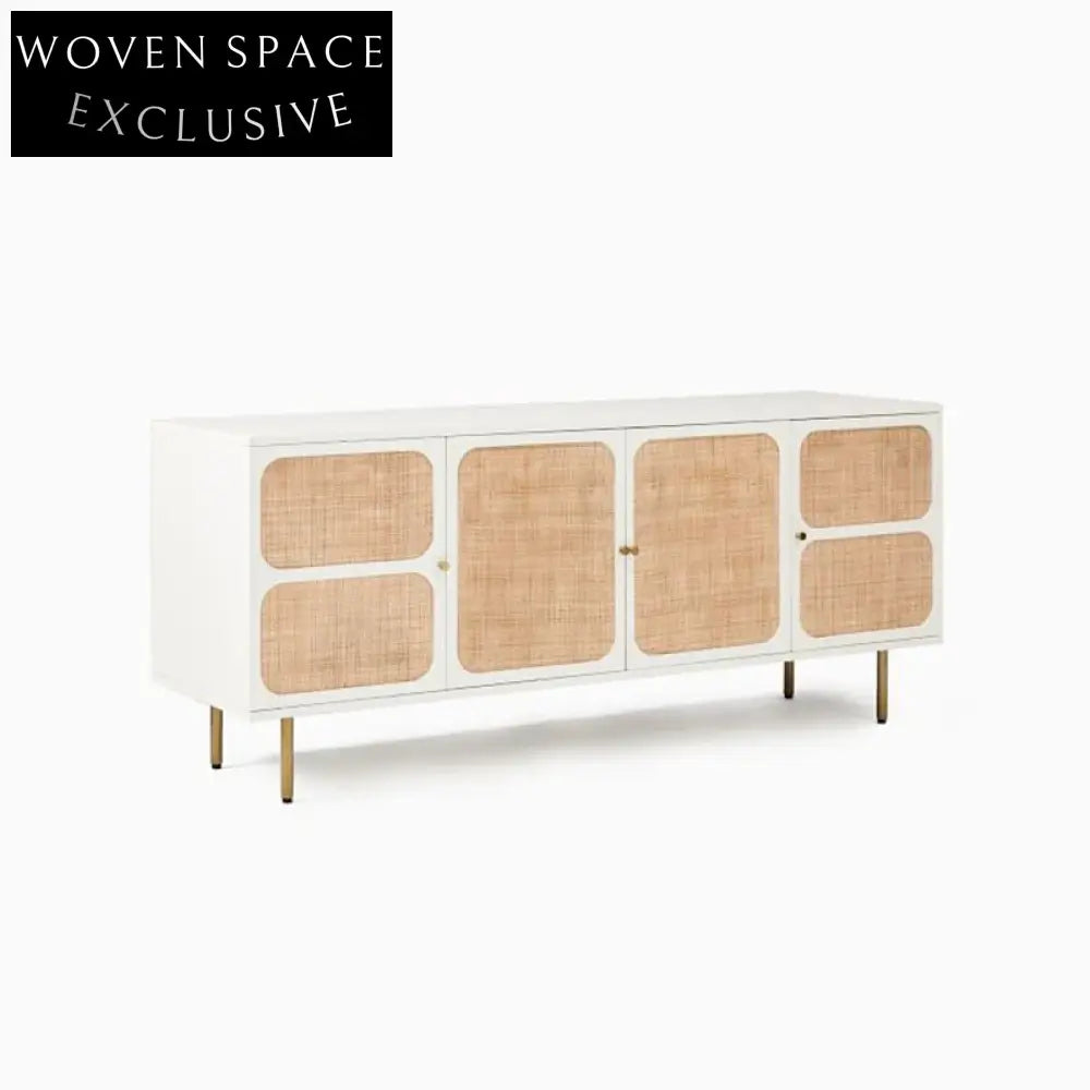 Nordic Rattan Solid Wood Sideboard TV Stand with 4 Doors for Living Room