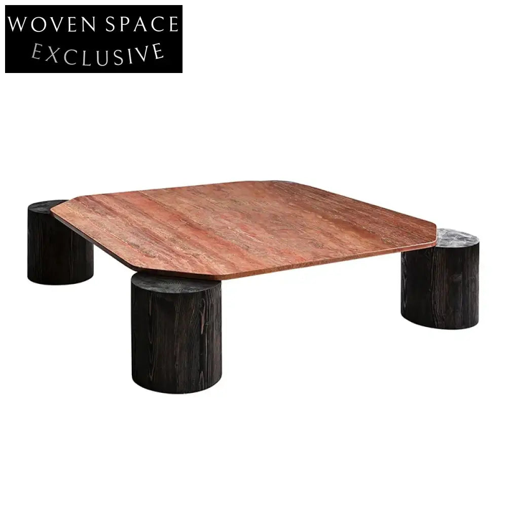 Nordic Red Travertine Stone Square Coffee Table with Wooden Base
