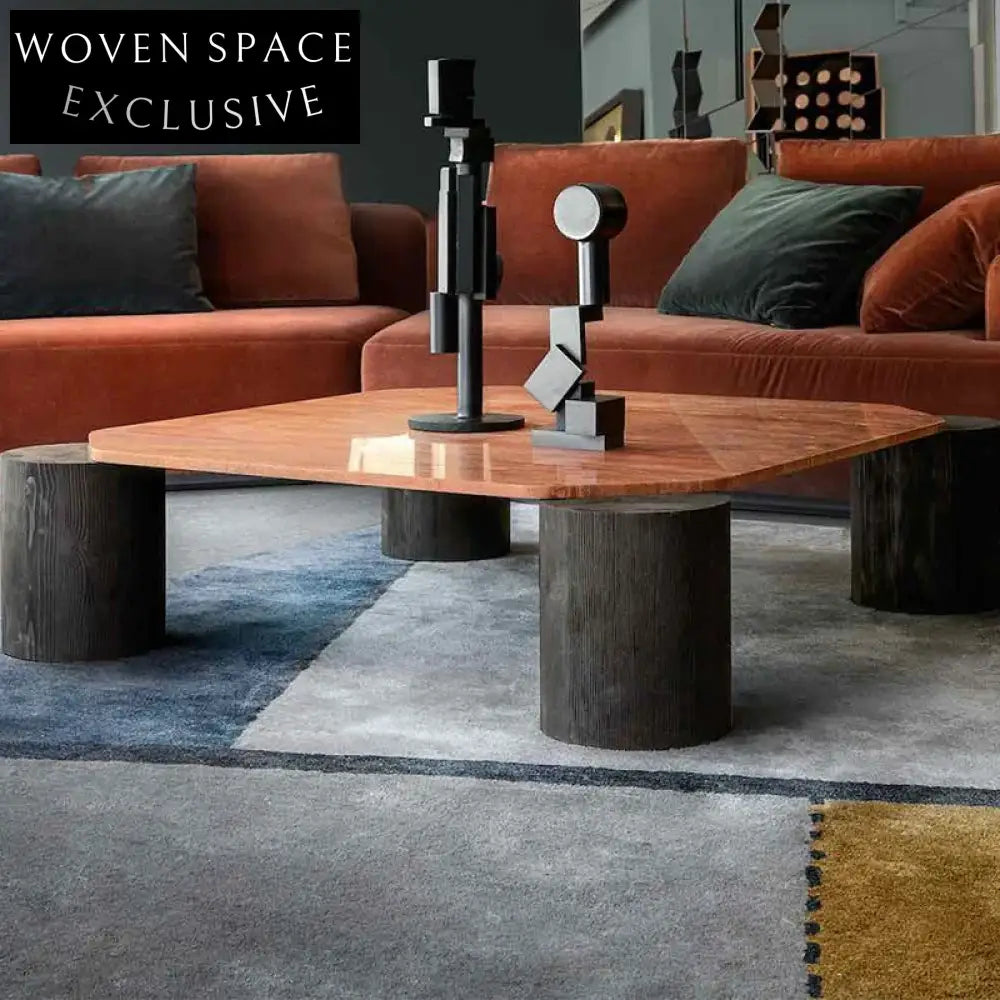 Nordic Red Travertine Stone Square Coffee Table with Wooden Base