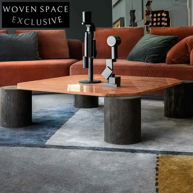 Nordic Red Travertine Stone Square Coffee Table with Wooden Base