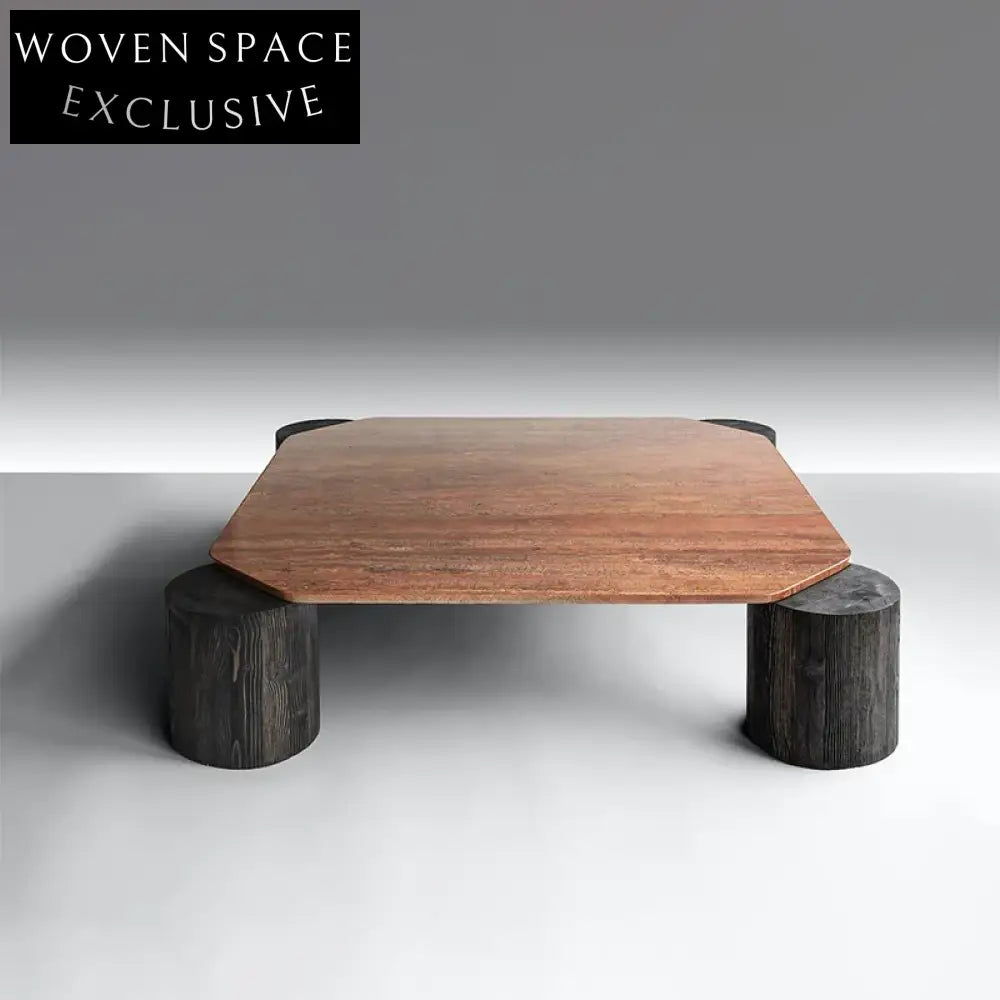 Nordic Red Travertine Stone Square Coffee Table with Wooden Base