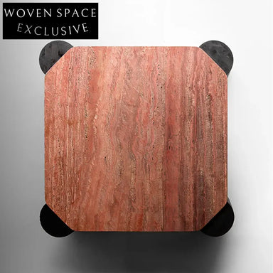 Nordic Red Travertine Stone Square Coffee Table with Wooden Base
