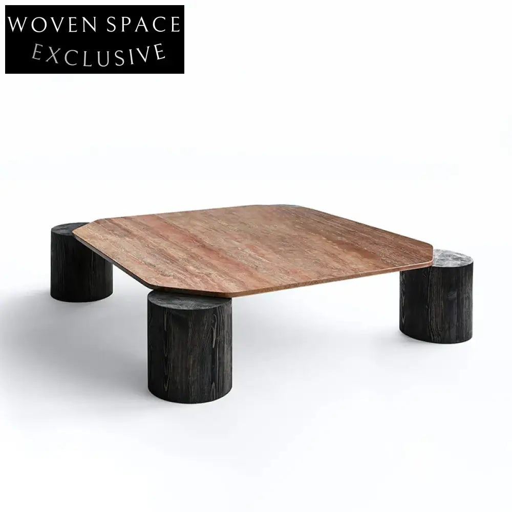 Nordic Red Travertine Stone Square Coffee Table with Wooden Base